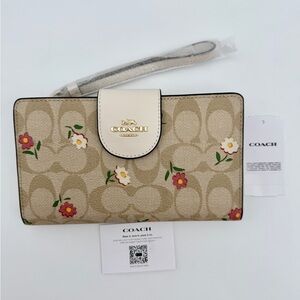 Coach Tech Wallet Signature Canvas Nostalgic Ditsy Print Light Khaki Cream Tan